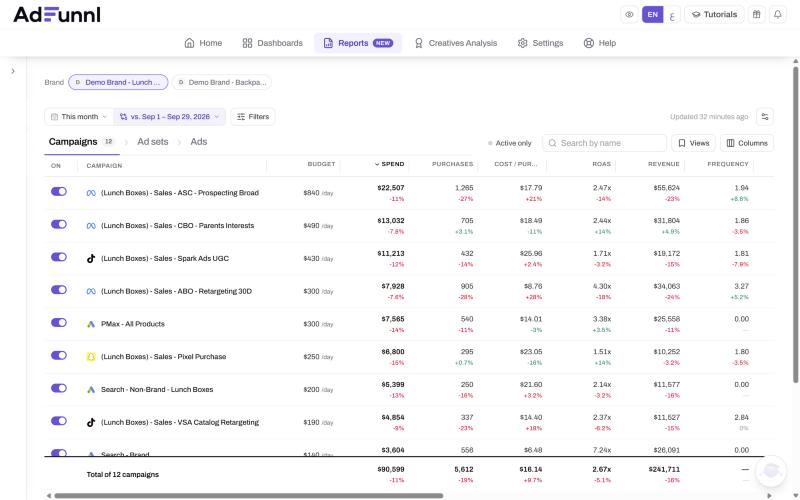 The Ads manager report in AdFunnl for a demo brand, with Meta campaigns in the same table as every other ad platform